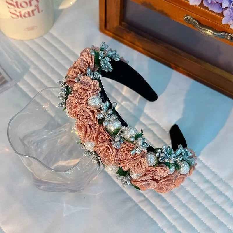 Baroque Pearl Rose Headband Luxury Fabric Flower Hair Band Wedding Party Accessory - Image 11