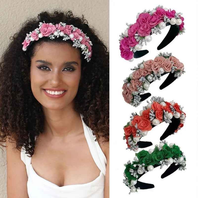 Baroque Pearl Rose Headband Luxury Fabric Flower Hair Band Wedding Party Accessory - Image 10